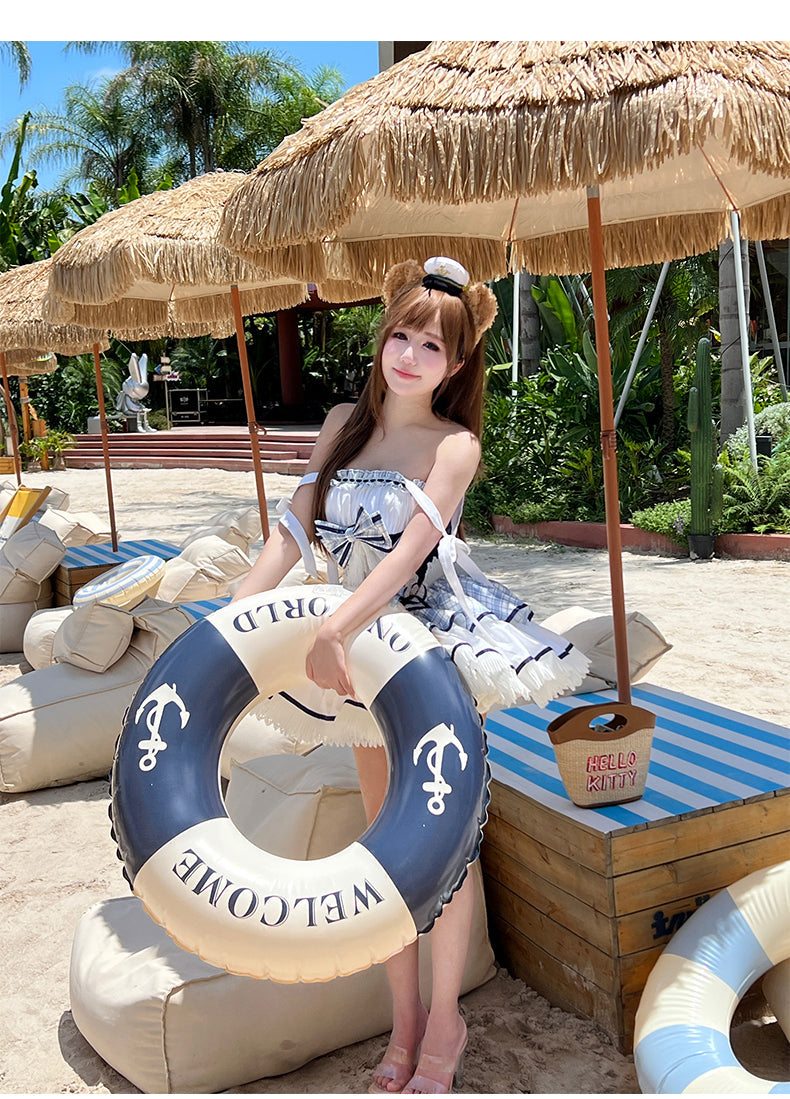 Blue/White Sailing Love Navy Collar Sleeveless Plaid Print Ruffle Bowknot Sweet Lolita Dress