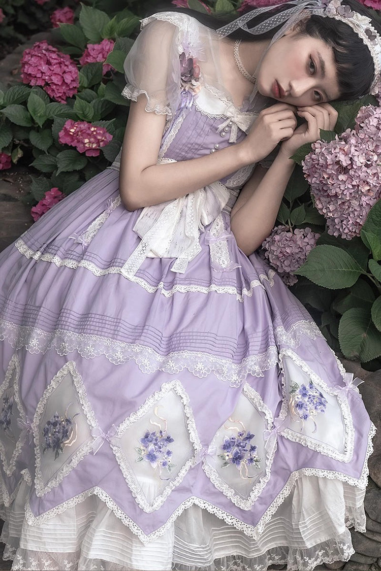 Purple Print Ruffle Embroidery Bowknot Classic Vintage Lolita Dress