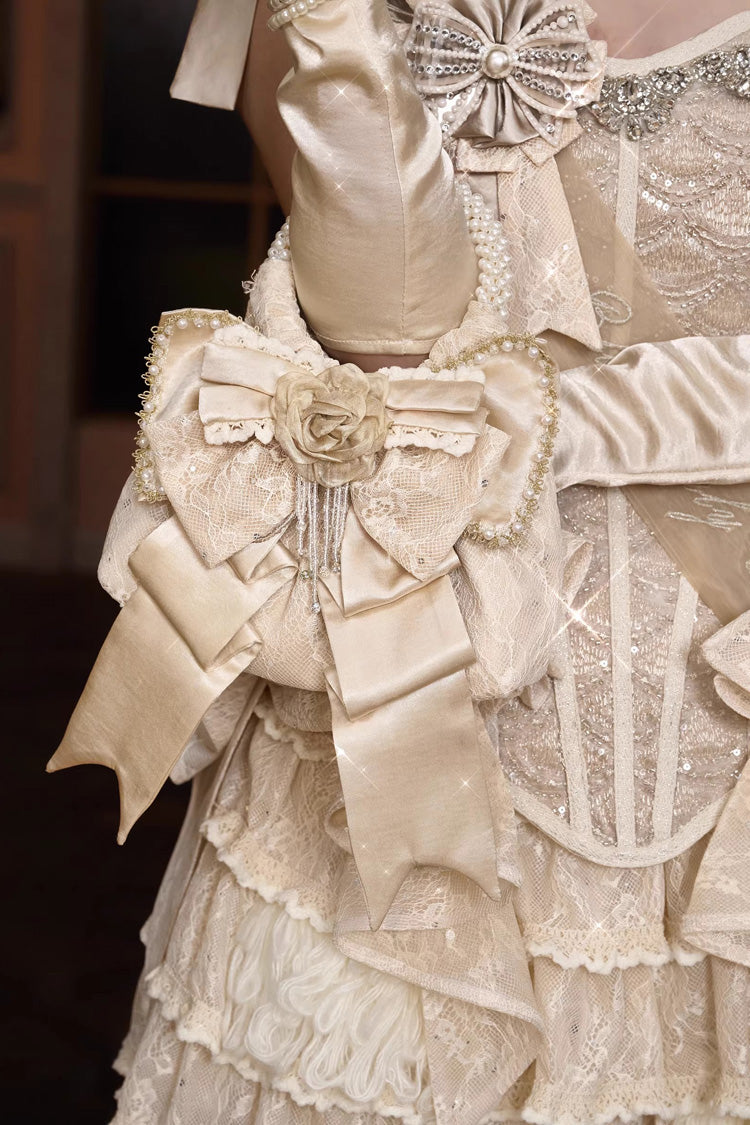 Champagne Satin Gilded 3D Bow Pearl-Decorated Sweet Lolita Handbag