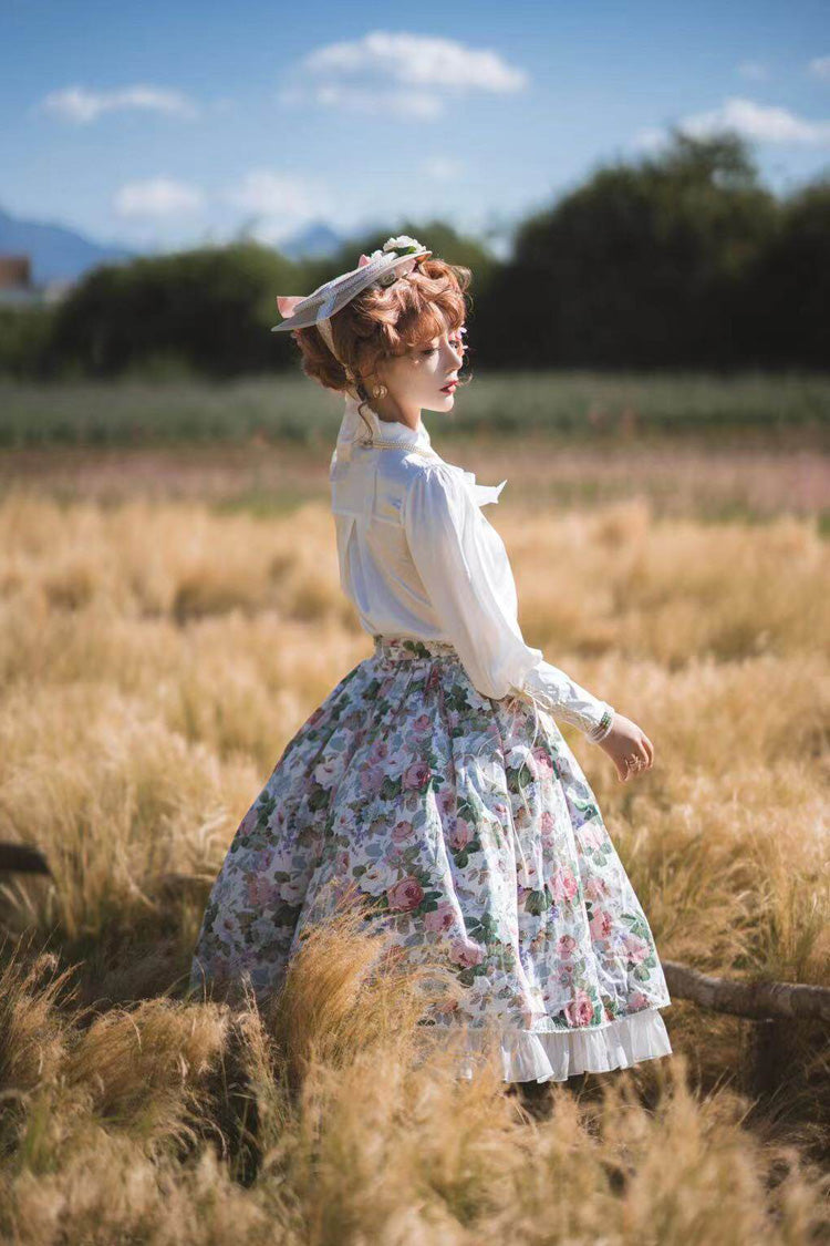 White Afternoon Tea Floral Printed Ruffled Sweet Lolita Skirt