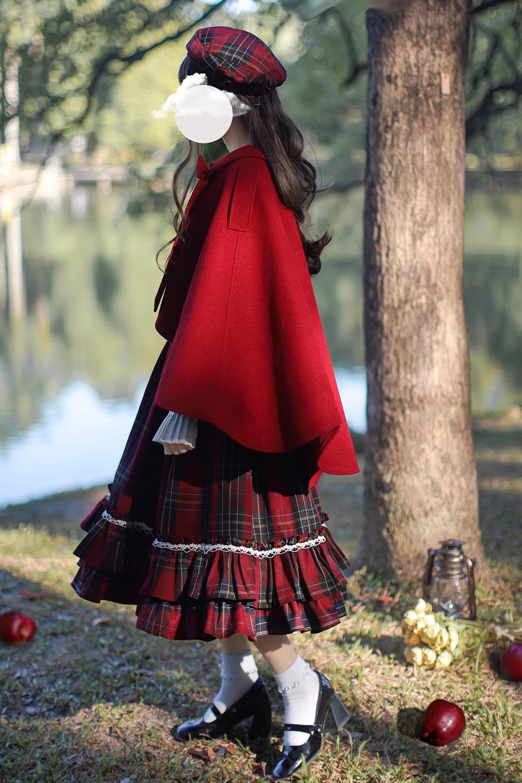 Red Little Red Riding Hood Double-Layered Plaid Print Ruffle Bowknot Sweet Vintage Lolita Jumper Dress