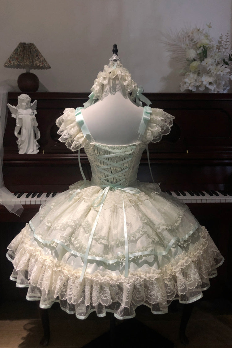 Light Green Dreaming Butterfly Multi-Layered Jacquard Ruffle Bowknot Lace Sweet Princess Lolita Jsk Dress