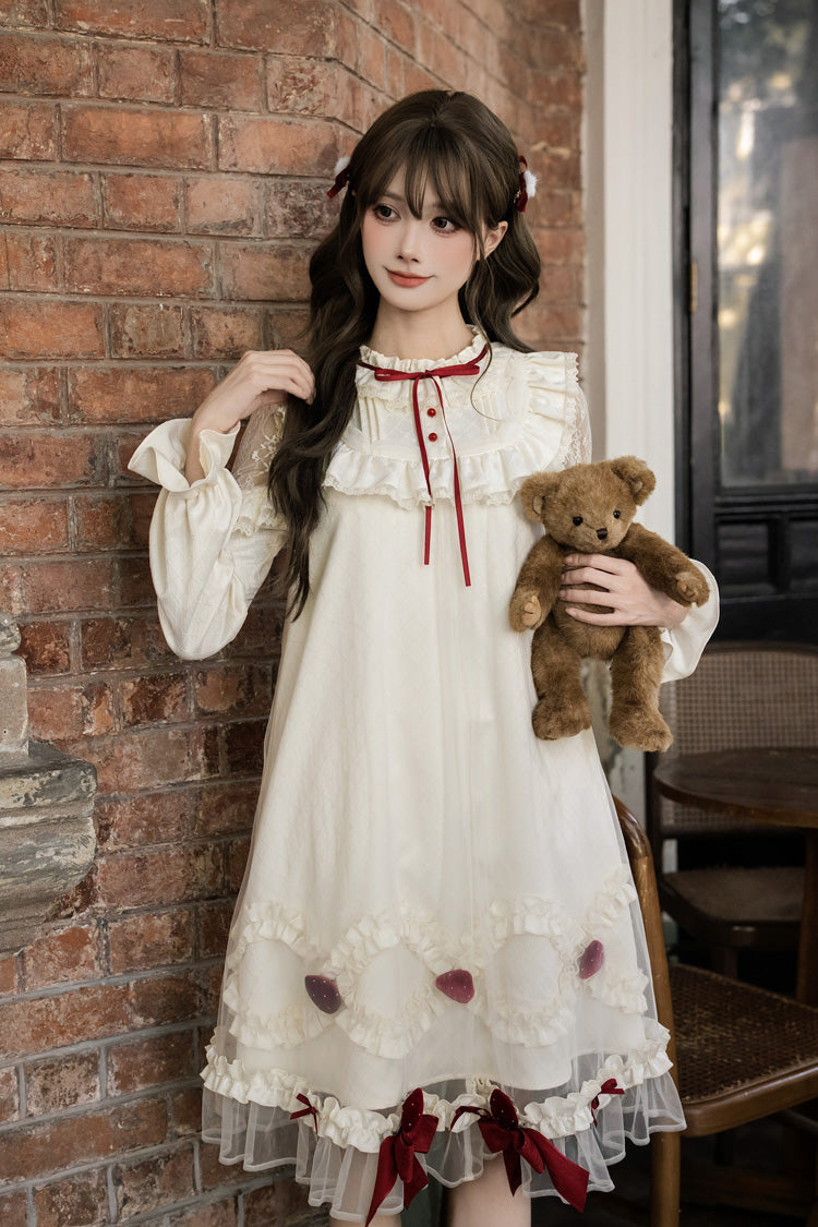 Ivory Strawberry Cream Cake Stand Collar Long Sleeves Ruffled Bow Lace Sweet Lolita Dress