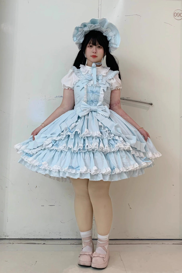 Grisha Sleeveless Triple-Layered Ruffle Cardigan Bowknot Lace Sweet Plus Size Lolita Jsk Dress 3 Colors