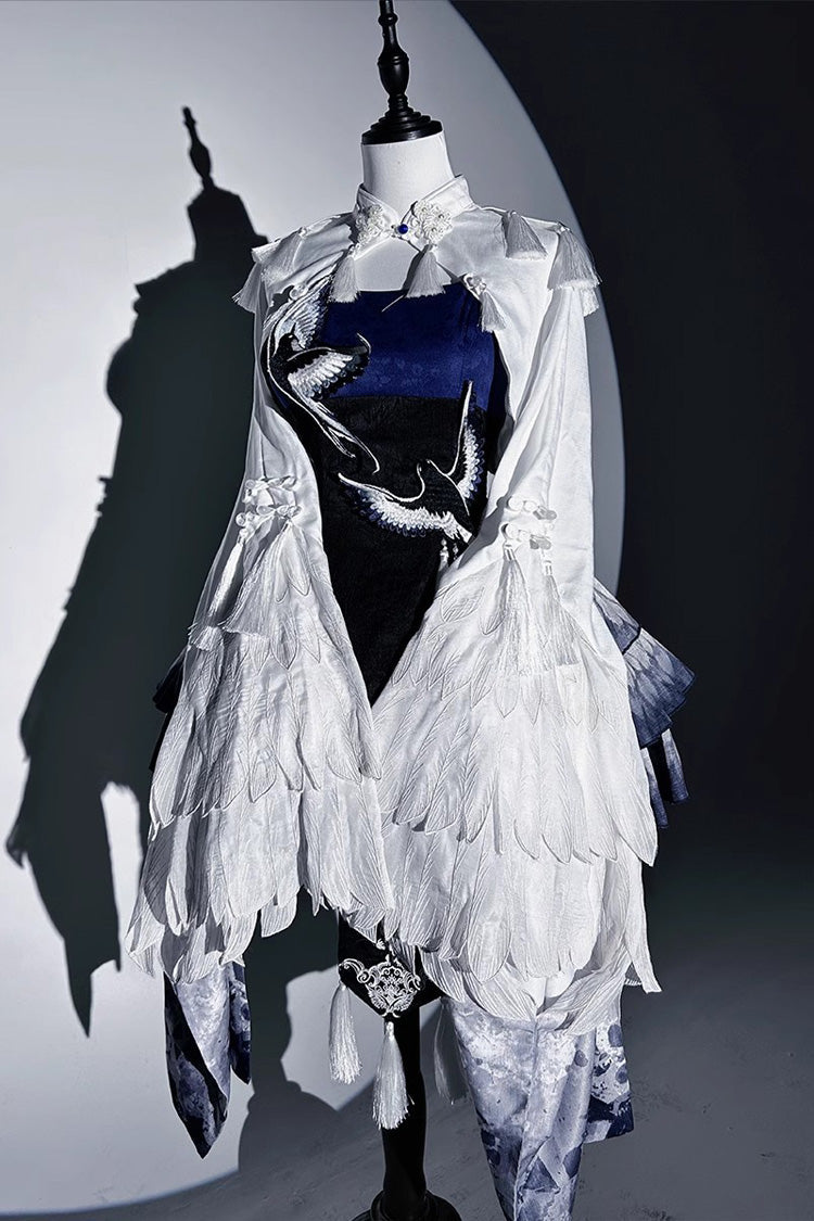 Dark Blue Feathered Finch Multi-Layered Print Ruffle Classic Chinese Style Lolita Jsk Dress Set