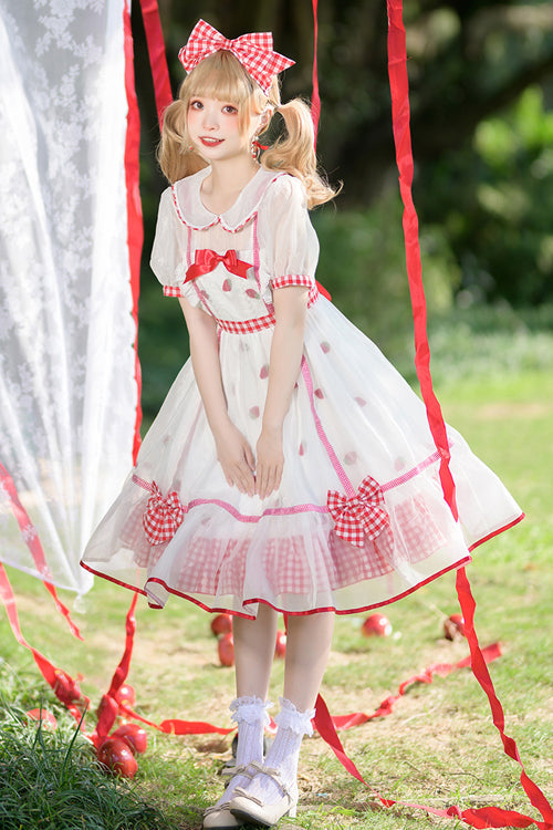 White/Red Round Collar Short Sleeves High Waist Strawberry Print Sweet Lolita Dress