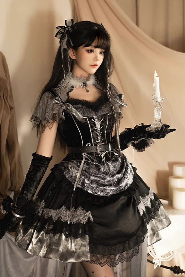 Black Dark Night Rose Short Sleeves Print Ruffle Bowknot Lace Asymmetric Gothic Lolita Dress