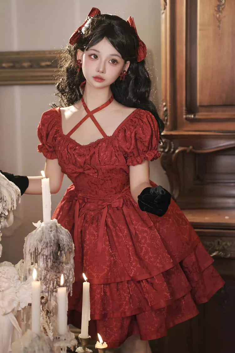 Red Thorn Rose Short Sleeves Multi-layer Ruffle Bowknot Gothic Princess Lolita Dress