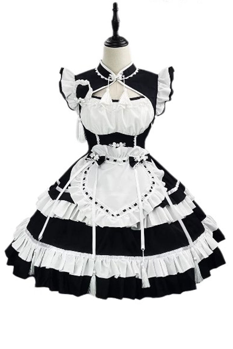 Black/White Love Double-Layered Ruffle Bowknot Sweet Plus Size Chinese Style Lolita Dress Full Set