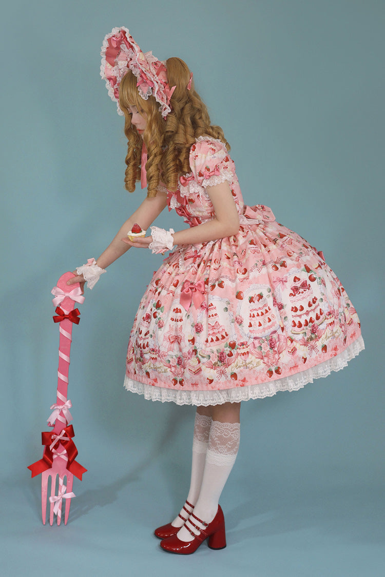 Strawberry Cake Bouquet Print Square Collar Short Sleeves Bowknot Lace Sweet Lolita Dress 3 Colors
