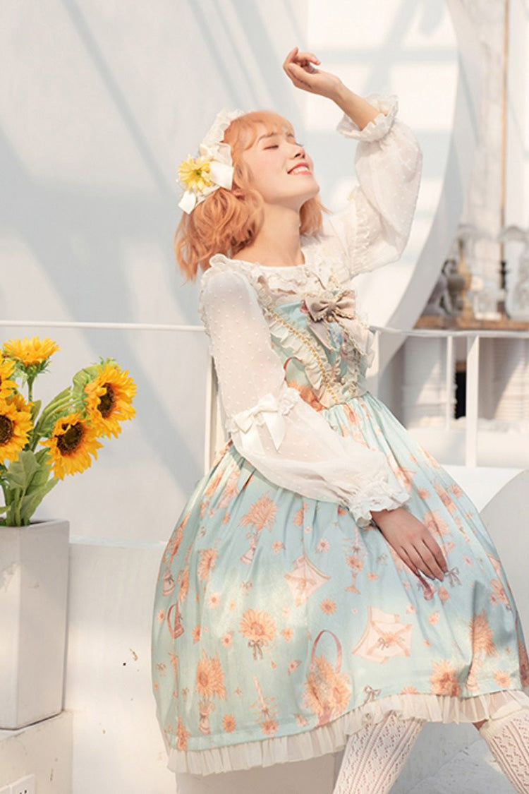 Green Miss Sunflower Sleeveless Printed Ruffled Bow Sweet Lolita Jsk Dress
