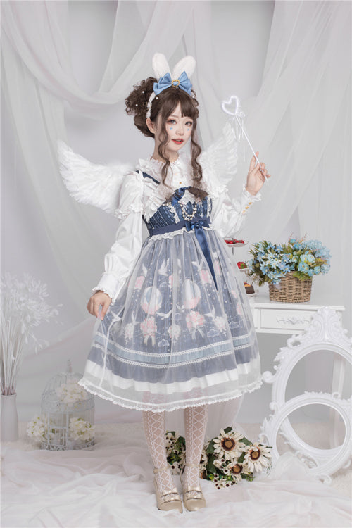 Blue Chiffon Flower Wedding Wearing Veil Princess Sweet Lolita JSK Dress