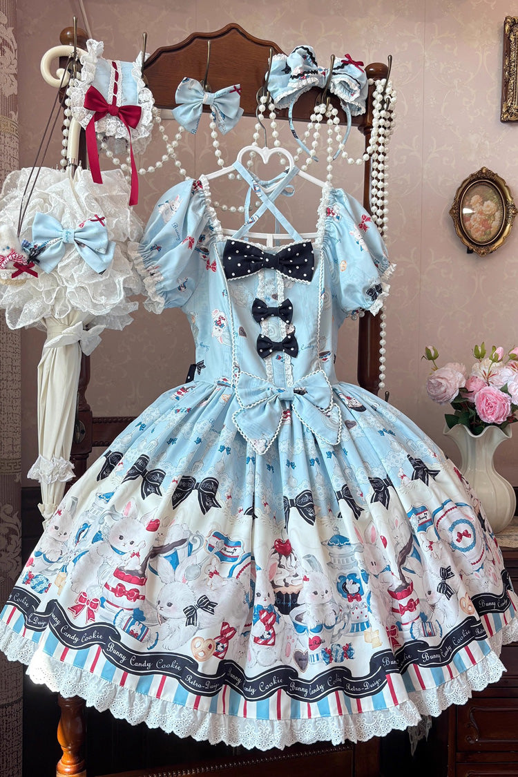 Blue Mystery Rabbit Tea Party Square Collar Short Sleeves Print Ruffle Bowknot Lace Sweet Lolita Dress