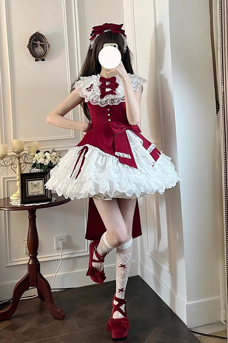 Red Miss Tsundere Sleeveless Multi-Layered Ruffle Bowknot Lace Asymmetric Sweet Princess Lolita Dress