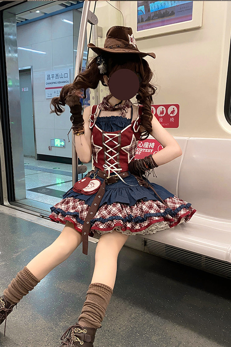 Red/Blue Apple Trap Triple-Layered Print Ruffle Lace-Up Sweet Lolita Jsk Dress Two-piece Set