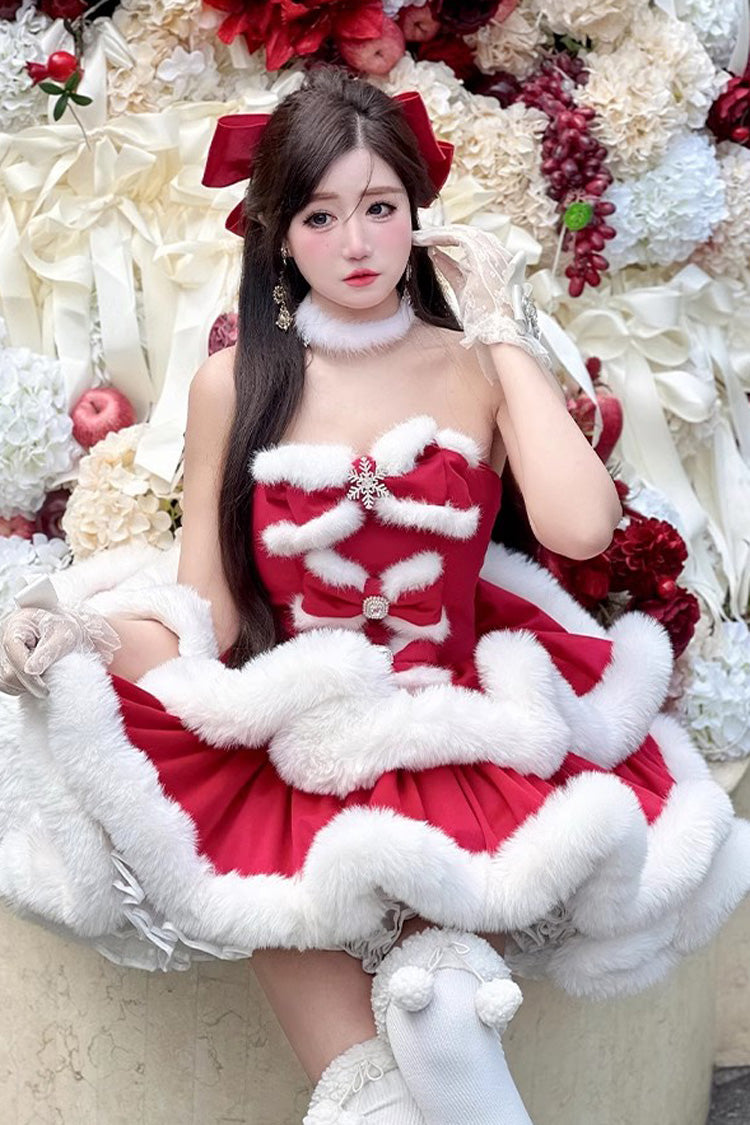 Red Holiday Double-Layered Bowknot Sweet Princess Lolita Strapless Dress
