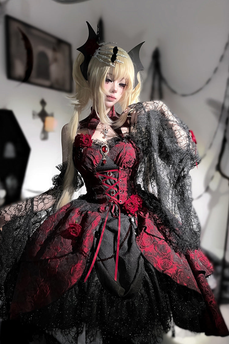 Red Rose Dish Ruffle Embroidery Cardigan Bowknot Lace-Up Gothic Lolita Jsk Dress