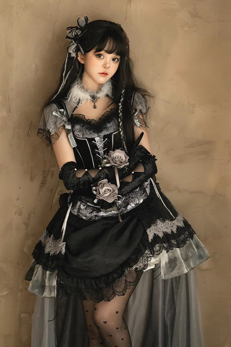 Black Dark Night Rose Short Sleeves Print Ruffle Bowknot Lace Asymmetric Gothic Lolita Dress