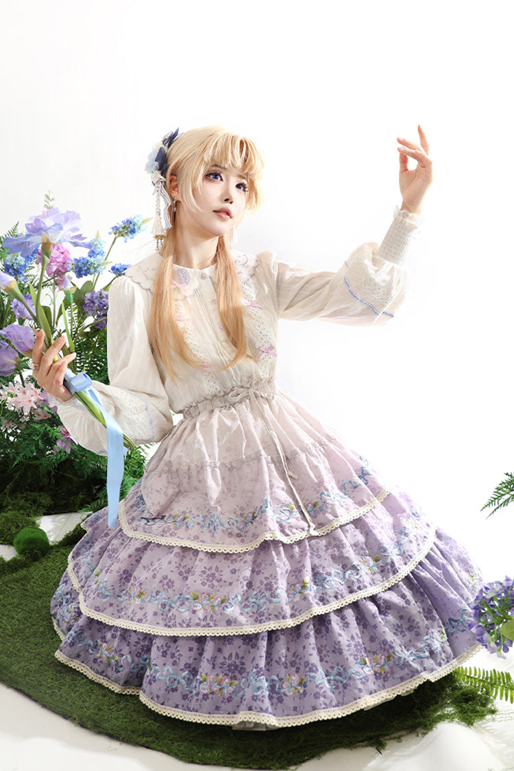 Purple Moonlight Iris Triple-Layered Print Ruffle Embroidery Lace Sweet Lolita Skirt