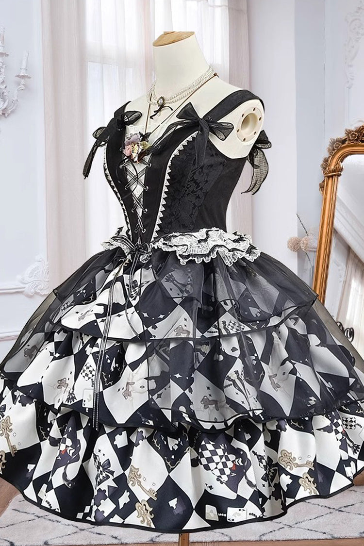 Black/White Board Games Triple-Layered Print Ruffle Vintage Lolita Skirt