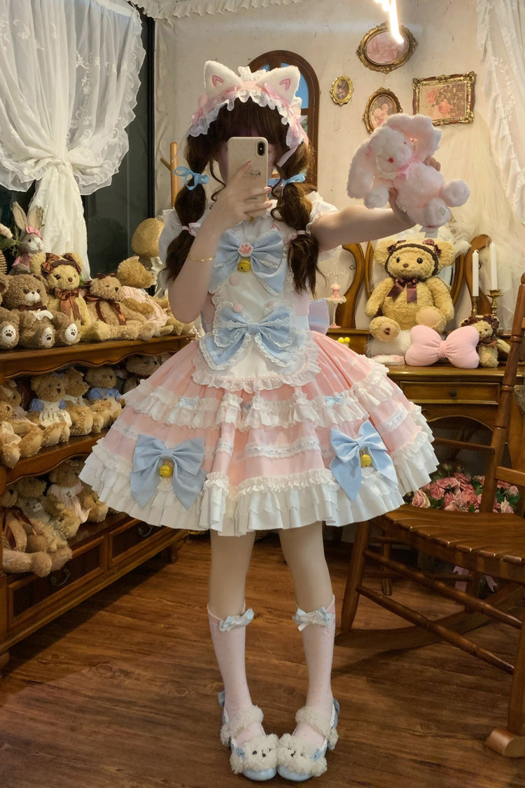 Pink Meowling Sweet Maid Sleeveless Multi-Layered Ruffle Bowknot Lace Sweet Princess Lolita Jsk Dress