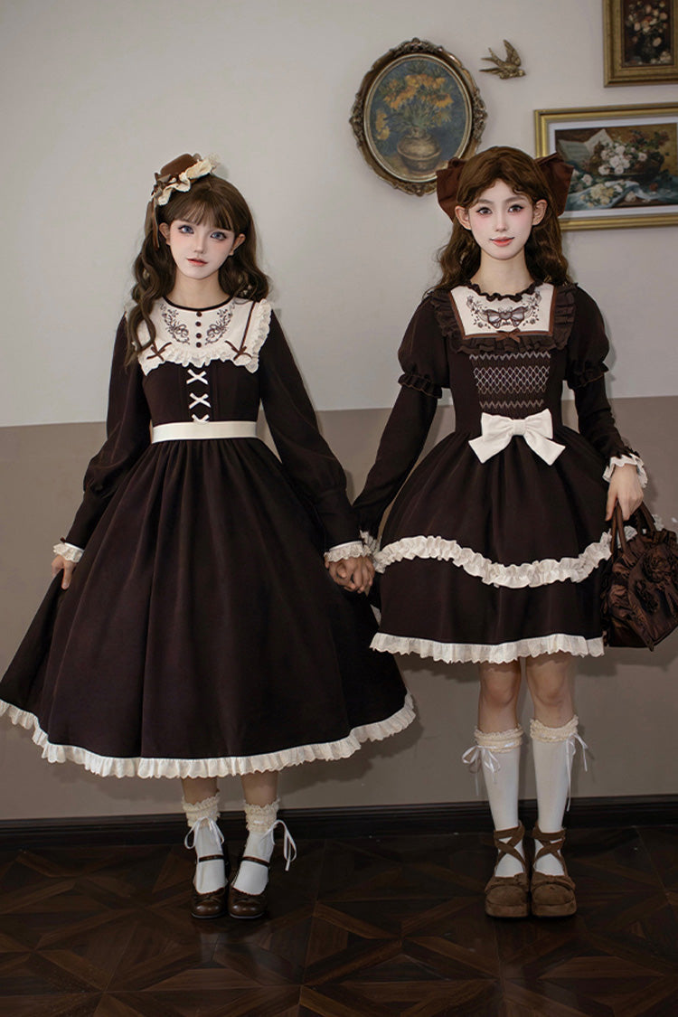 Brown Miss Brown Long Sleeves Double-Layered Ruffle Bouquet Embroidery Bowknot Sweet Lolita Dress (Short Version)