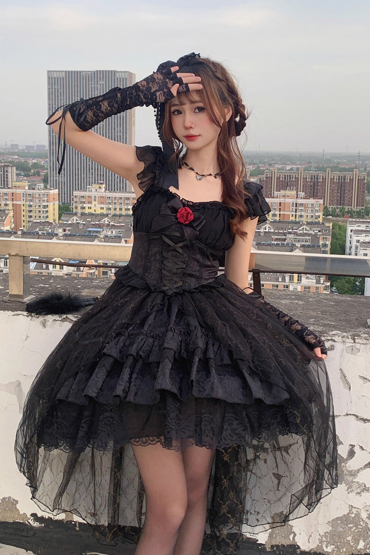 Black Short Sleeves Ruffle Rose Bowknot Elegant Princess Gothic Lolita Tiered Dress