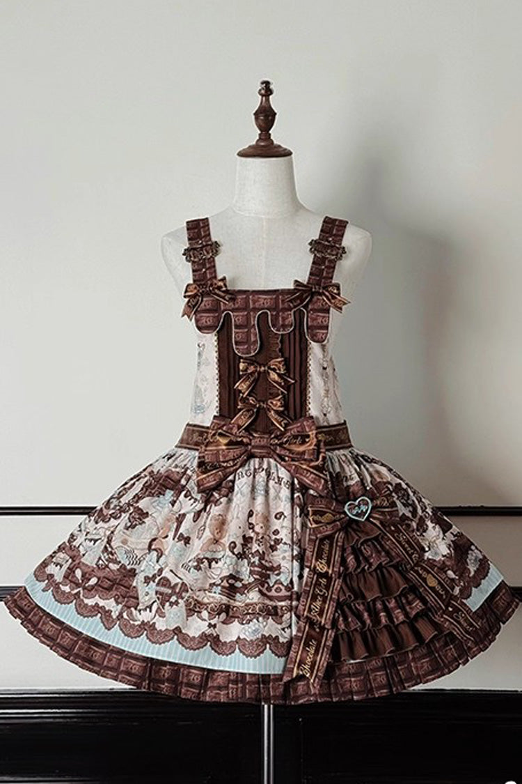Brown Teddy Bear Chocolate Sleeveless Print Ruffle Side Cardigan Bowknot Asymmetric Sweet Lolita Strap Dress
