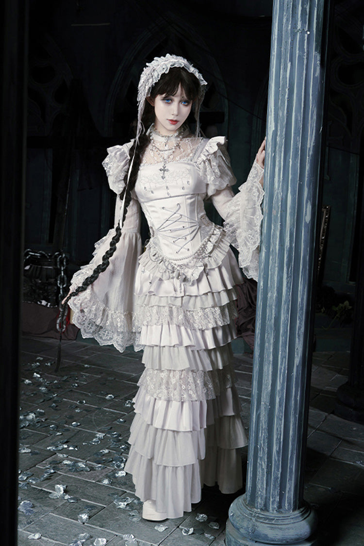 Solid Color Bionic Doll Square Collar Multi-Layered Ruffle Bowknot Lace-Up Gothic Lolita Fishtail Skirt Corset Set