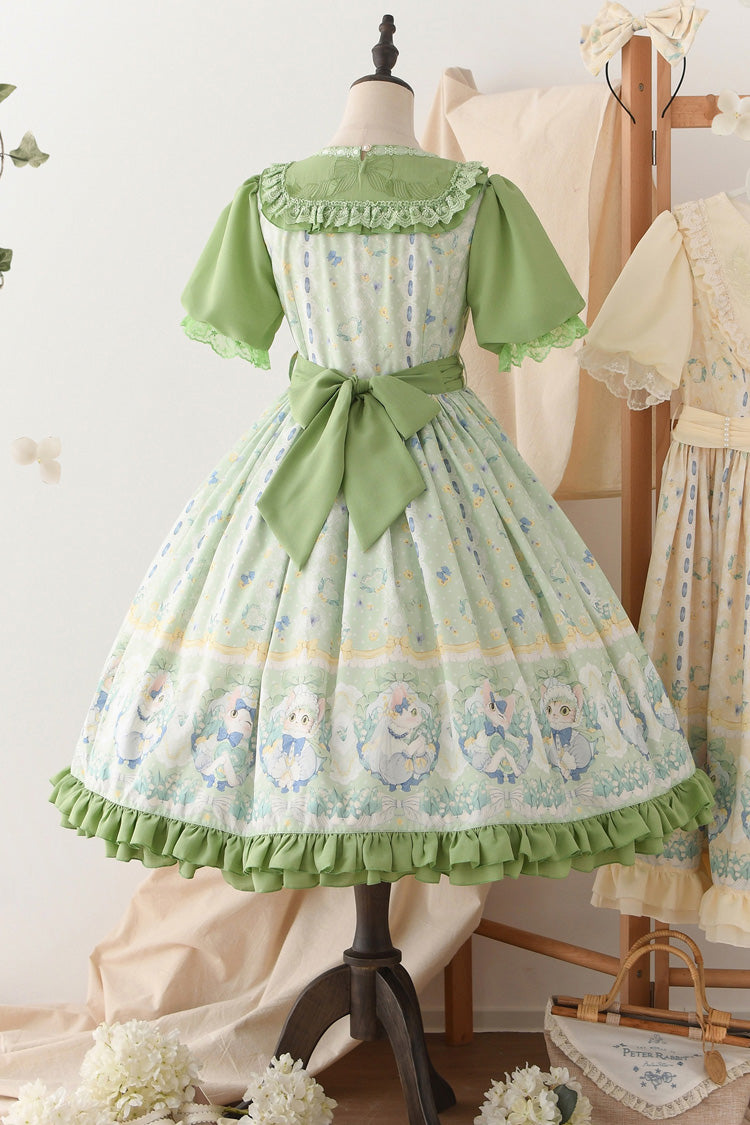 Green Lily of the Valley Cat Print Ruffle Embroidery Bowknot Sweet Lolita Dress