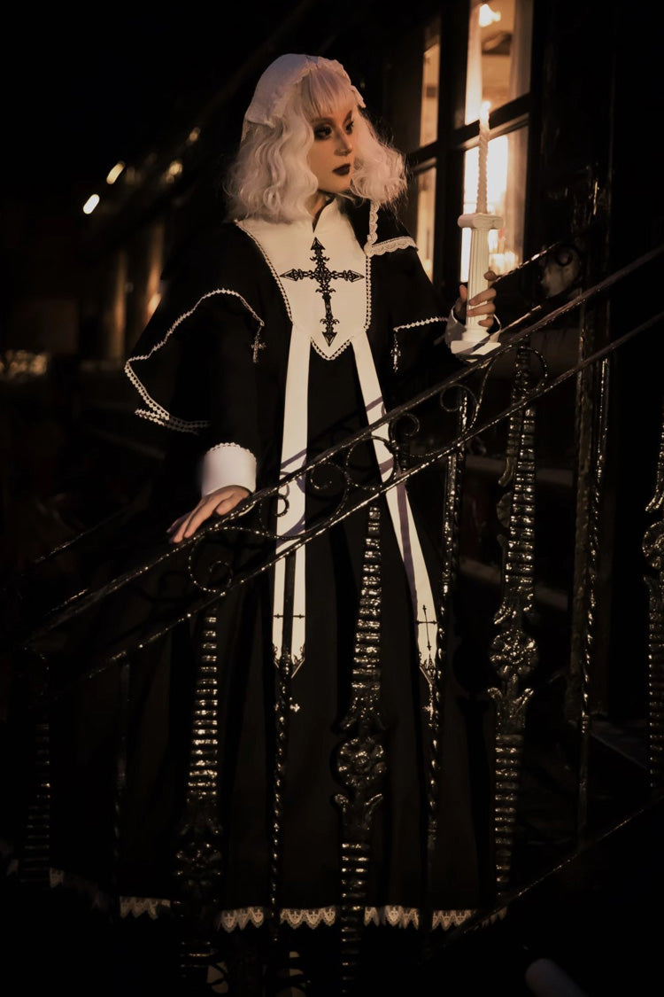 Black Nun Long Sleeves Print Stitching Lace Gothic Elegant Lolita Dress