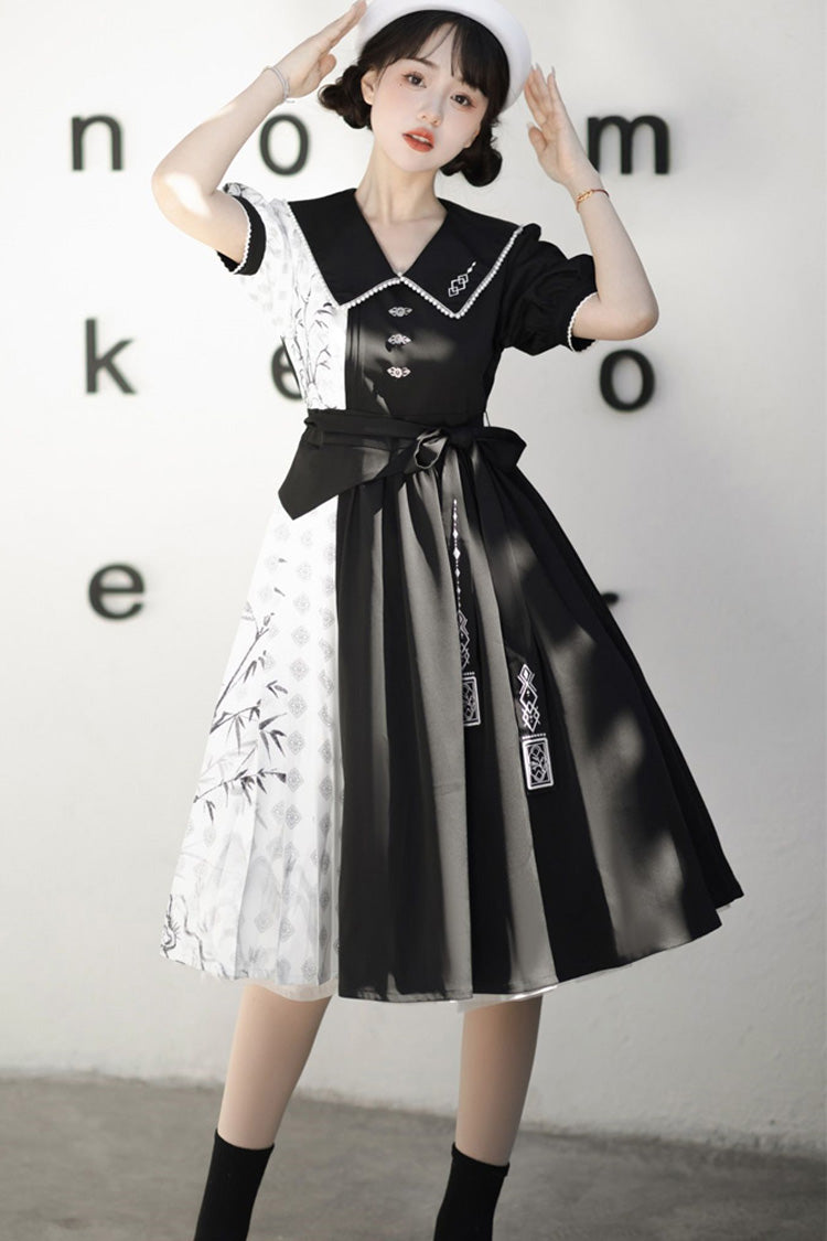 Black/White Stitching Chinese Style Bamboo Print High Waisted Sweet Lolita Dress