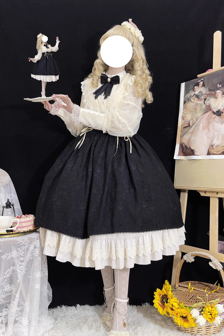 Black Heart of Rose High Waisted Ruffle Embroidery Lace-Up Sweet Vintage Elegant Palace Lolita Skirt
