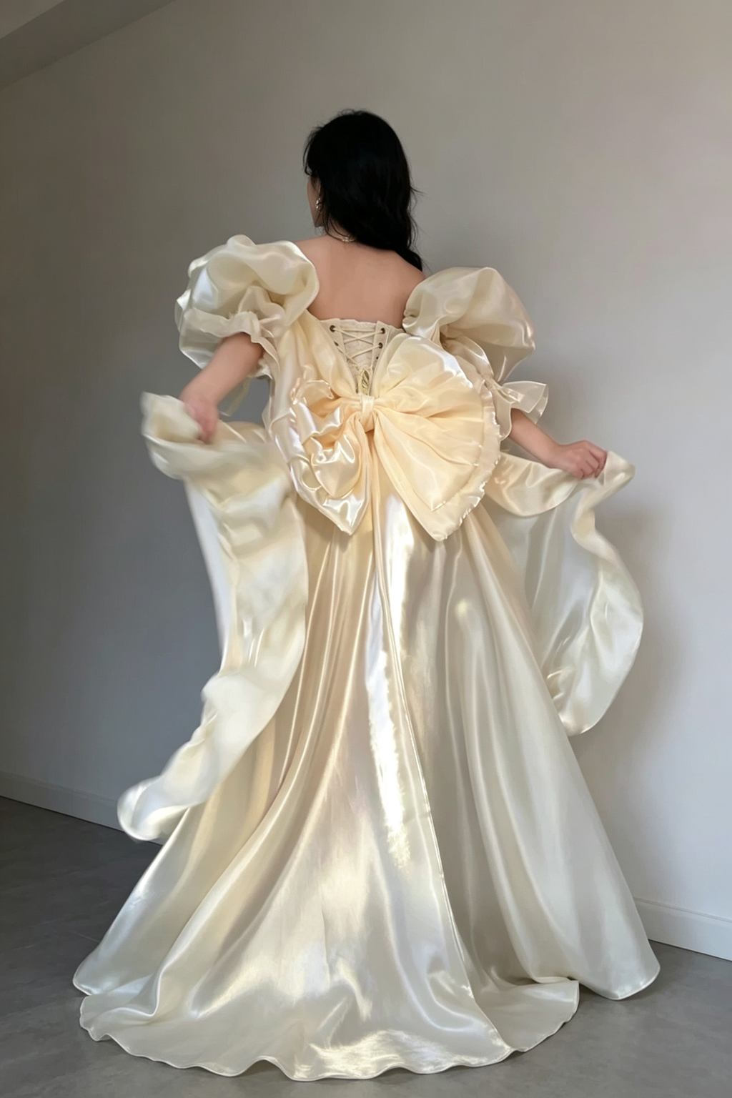 Cream Gold Long Sleeve Ruffled High-Low Train Bowknot Sweet Princess Hime Lolita JSK Dress