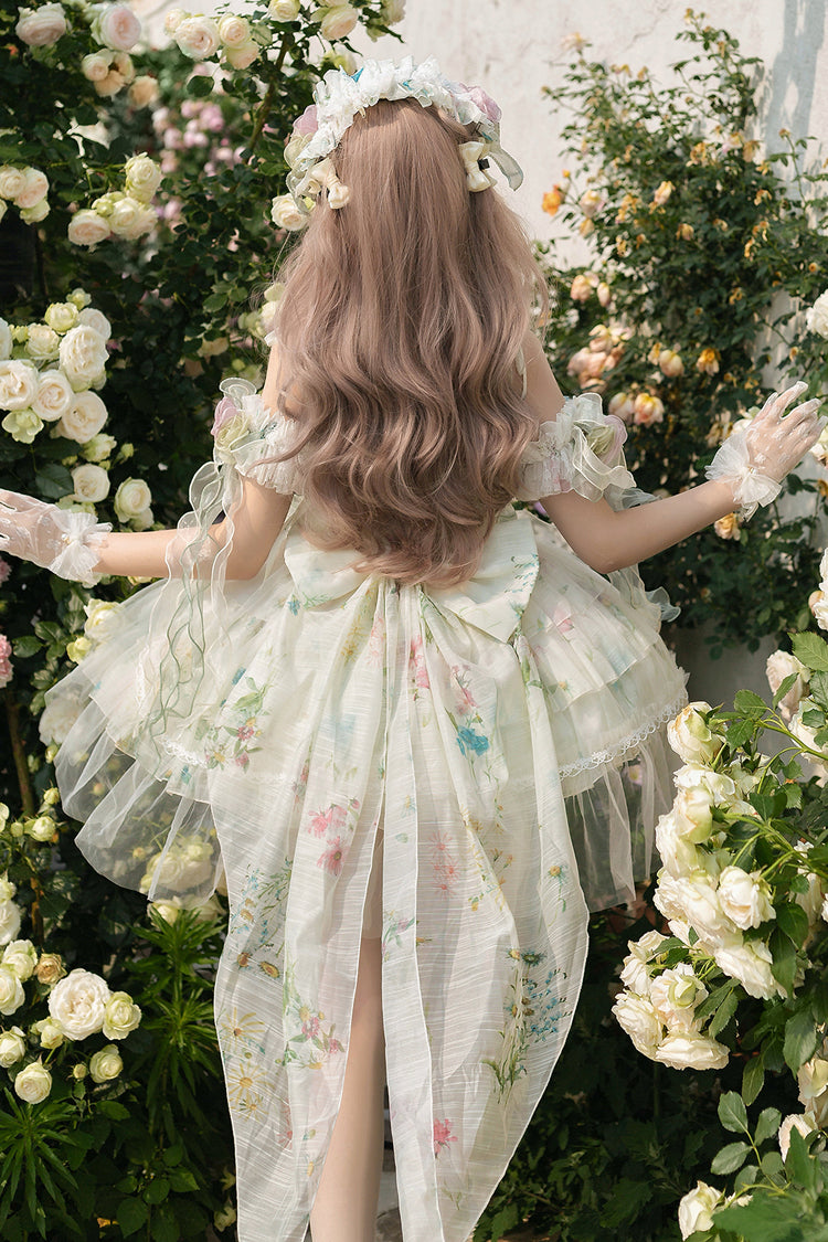 Green Spring Rose Sleeveless Multi-Layered Bowknot Lace-Up Fishbone Sweet Lolita Jsk Dress