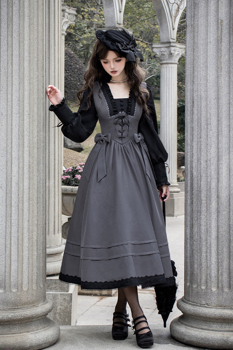 Grey Mist Chronicle Square Collar Long Sleeves Bowknot Lace-Up Color-Block Fake Two Pieces Classic Lolita Dress