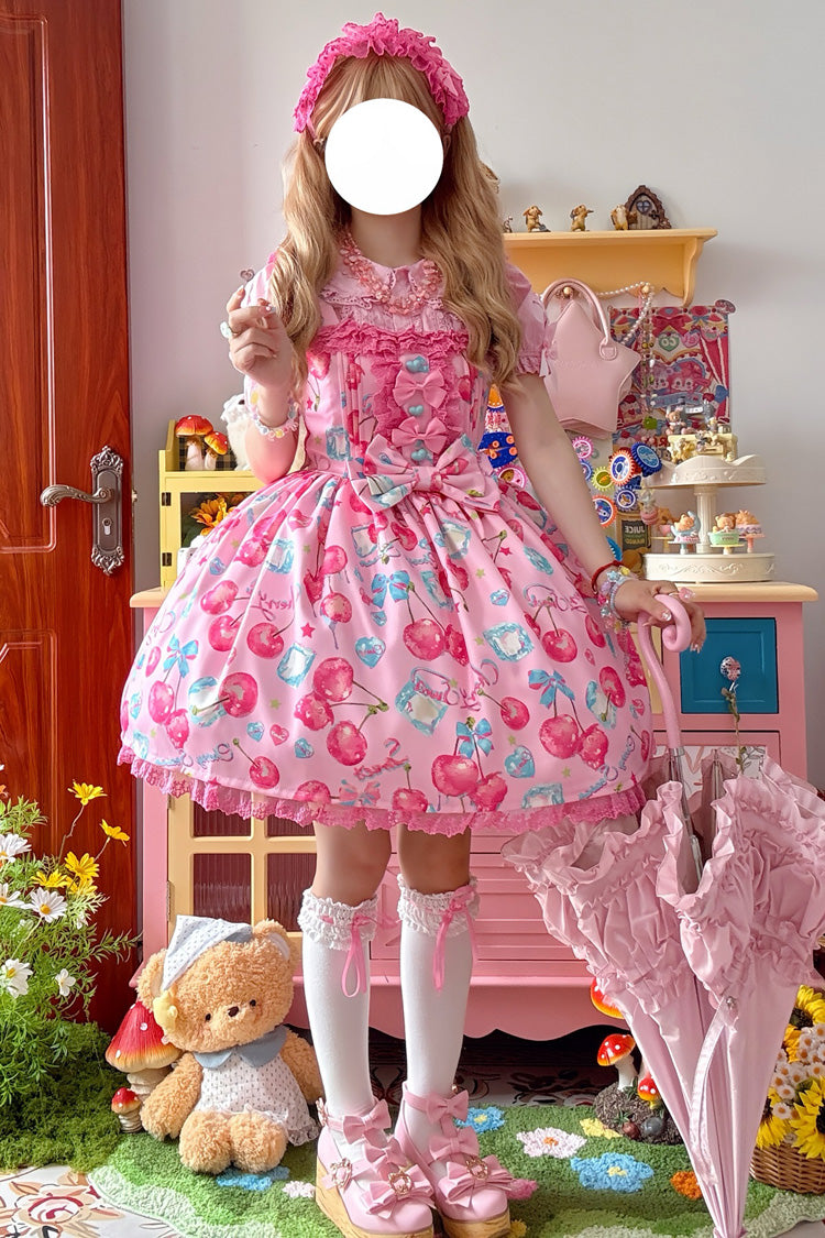 Pink Cherry Sweet Ice Print Ruffle Bowknot Lace Sweet Lolita Jsk Dress