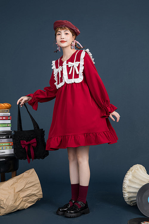 Red Doll Collar Ruffled Long Sleeves Relaxed Waist Sweet Lolita OP Dress