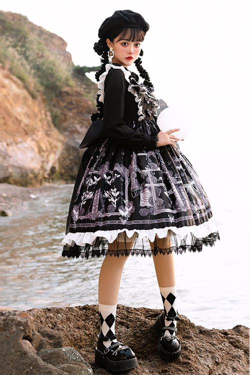 Front And Back Big Bows Passing Dream Pattern Print Gothic Lolita JSK Dress
