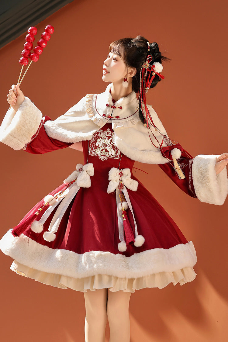 Red Long Sleeves Ruffle Embroidery Bowknot Chinese Style Sweet Lolita Hanfu Dress