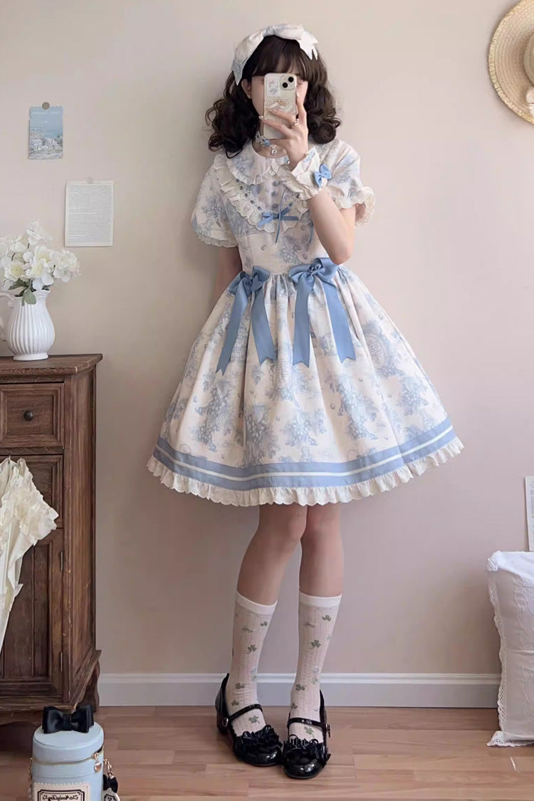 Blue Grape Moon Almanac Short Sleeves Multi-Layered Printed Ruffled Bow Sweet Lolita Dress