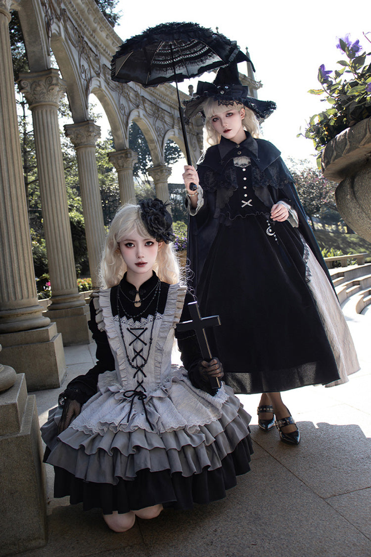 Black Witch Long Sleeves Ruffle Bowknot Stitching Lace Gothic Lolita Long Dress