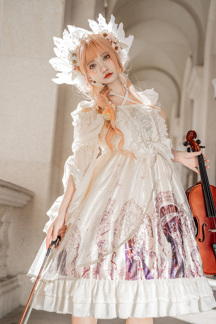 Ivory Ancient Mythology Angel Wings Print Mesh Stitching Bowknot Ruffled Gothic Lolita Jsk Dress