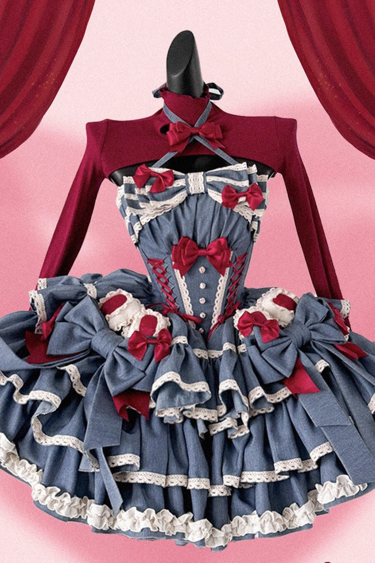 Blue Milk Rabbit Theater Halterneck Sleeveless Triple-Layered Ruffle Bowknot Lace-Up Sweet Lolita Jsk Dress