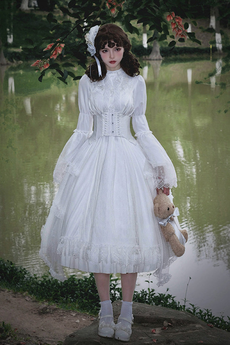 White Requiem Stand Collar Long Sleeves Ruffle Lace Gothic Lolita Dress