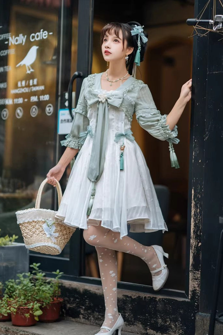 White/Green Half Sleeves Ruffled Bow Sweet Chinese Style Lolita Hanfu Dress