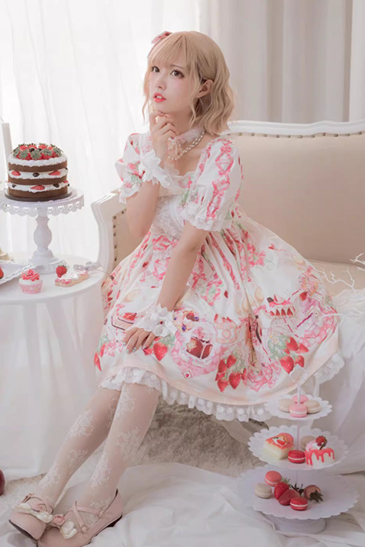 Strawberry Feast Short Sleeves Printed Ruffled Bow Sweet Lolita Dress 4 Colors