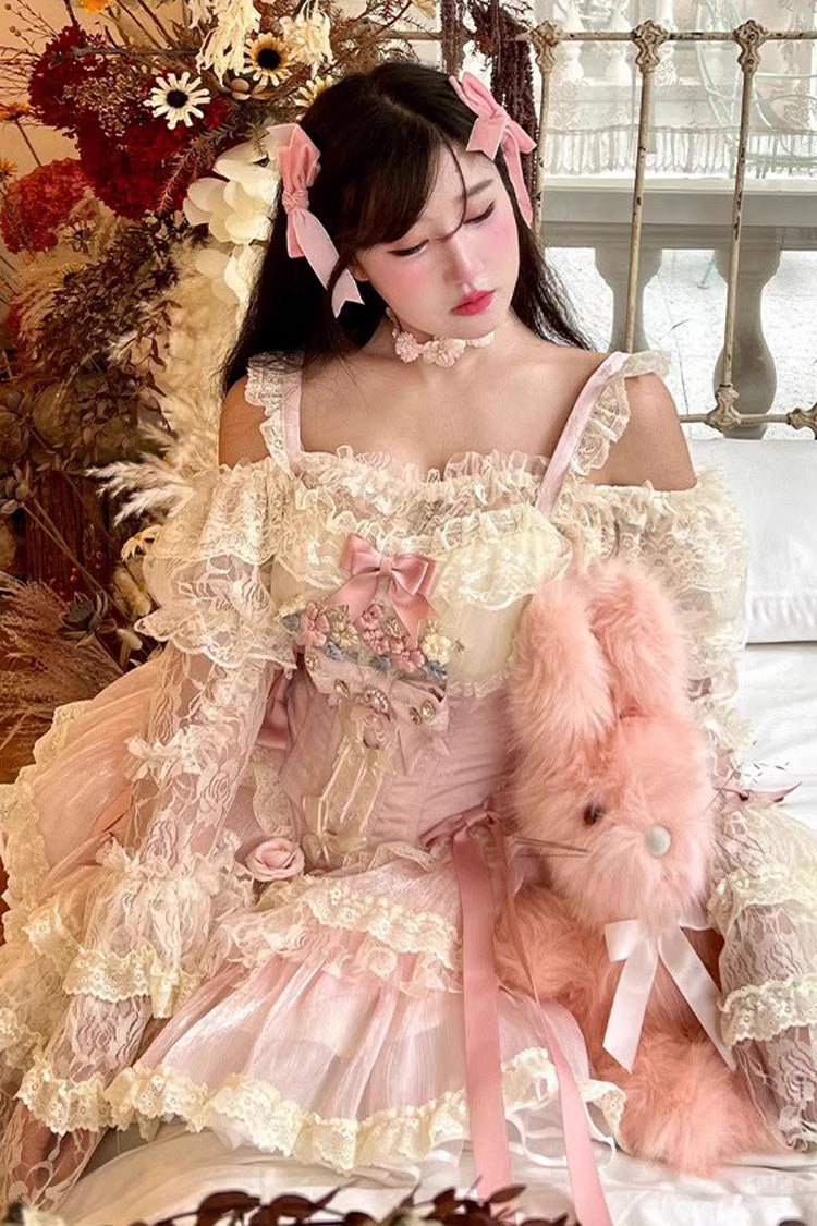 Pink Delicate Lace Flowers Love Song Bowknot Lace Sweet Lolita Dress