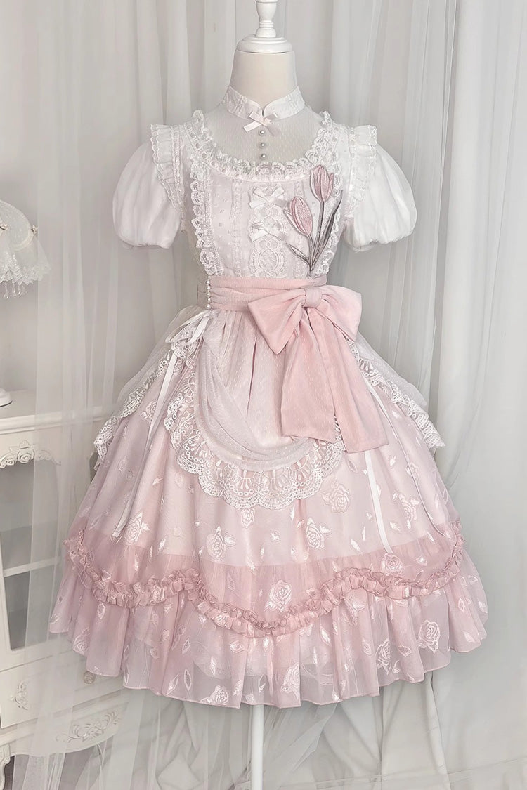 Pink Round Collar Short Sleeves Lace Ruffle Bowknot Sweet Princess Lolita Dress