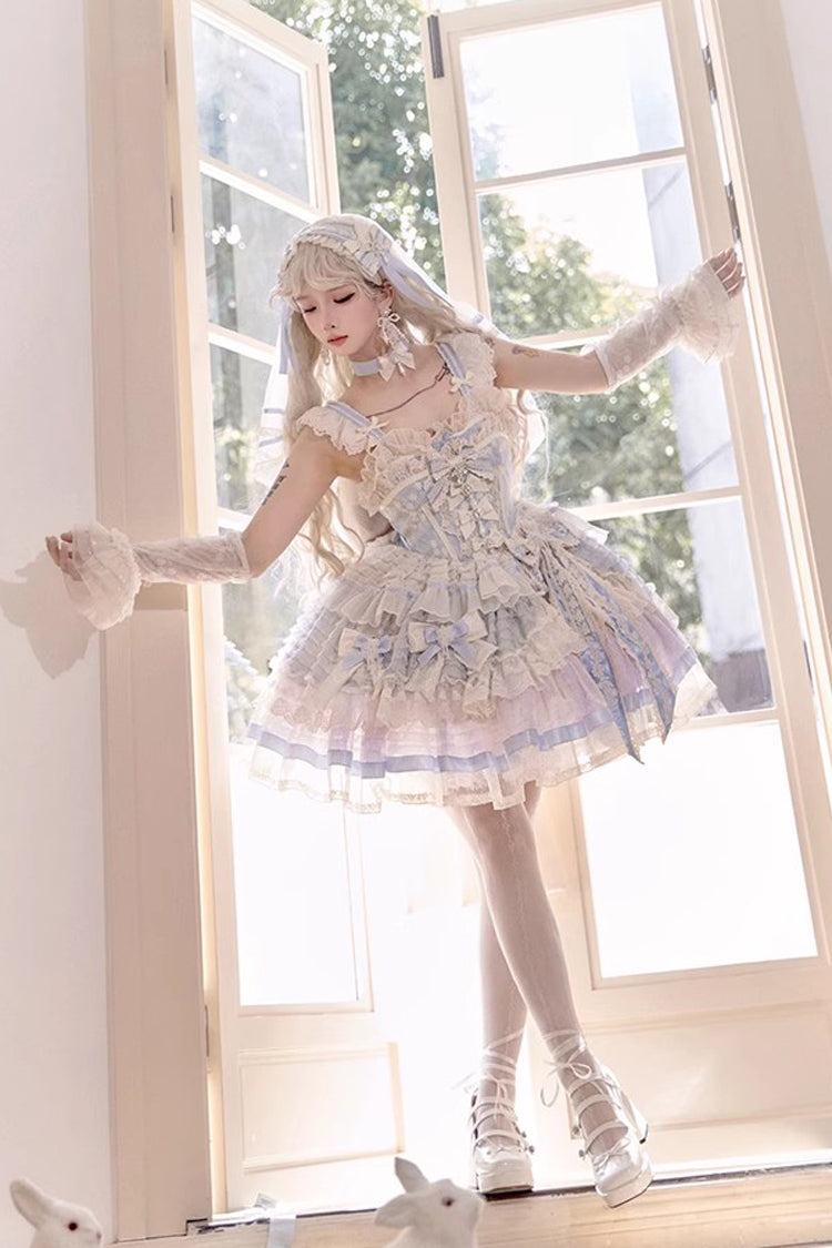 Blue Moonstone Sleeveless Ruffle Embroidery Bowknot Lace Fishbone Sweet Princess Lolita Dress